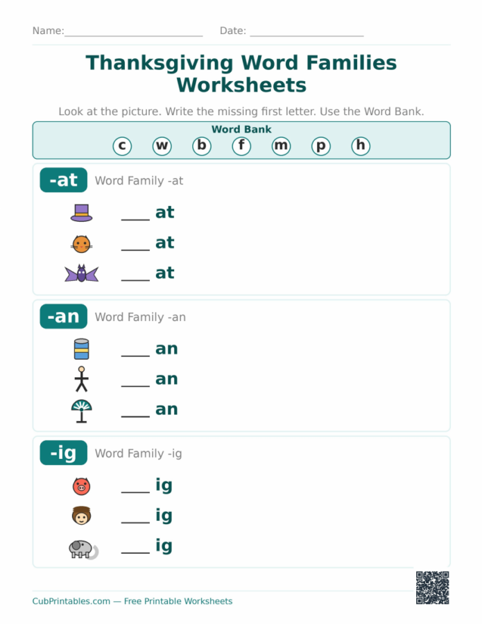 Thanksgiving Word Families Worksheets