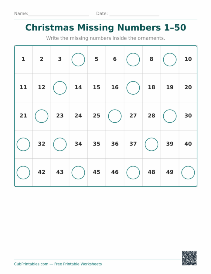 Christmas Missing Numbers 1–50