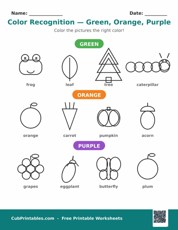 Color Recognition Worksheets — Green, Orange, Purple