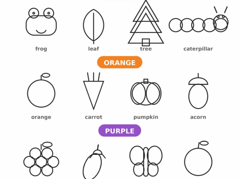 Color Recognition Worksheets — Green, Orange, Purple