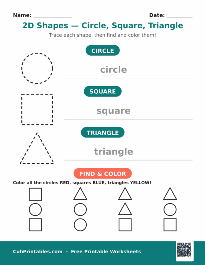 2D Shapes Worksheets — Circle, Square, Triangle
