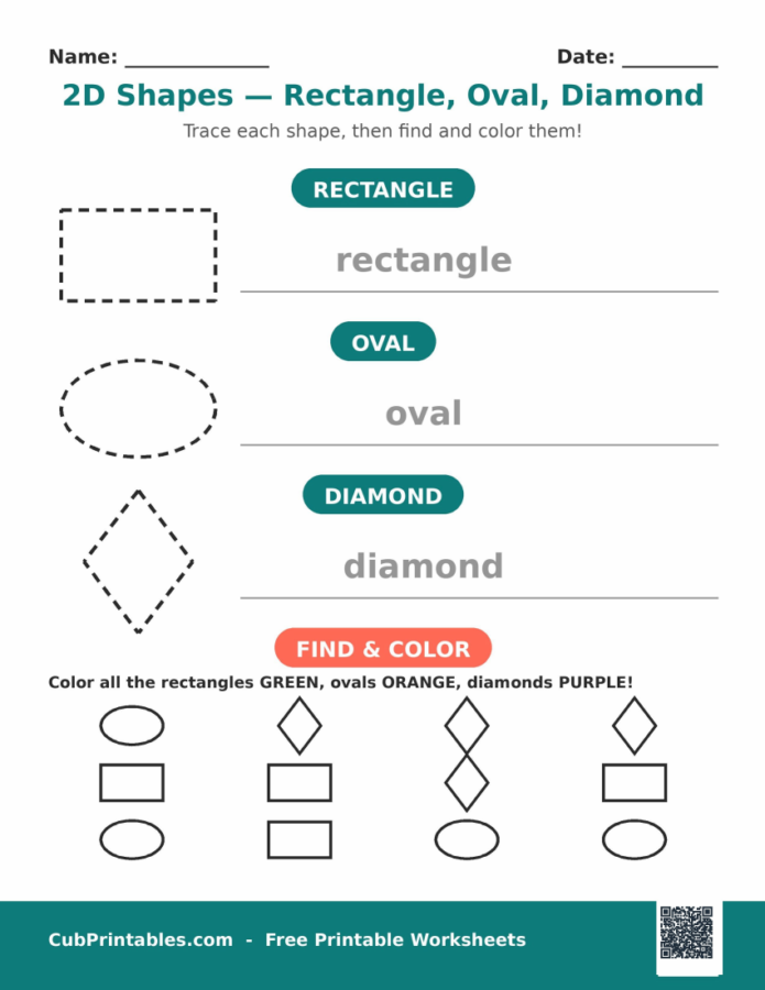 2D Shapes Worksheets — Rectangle, Oval, Diamond