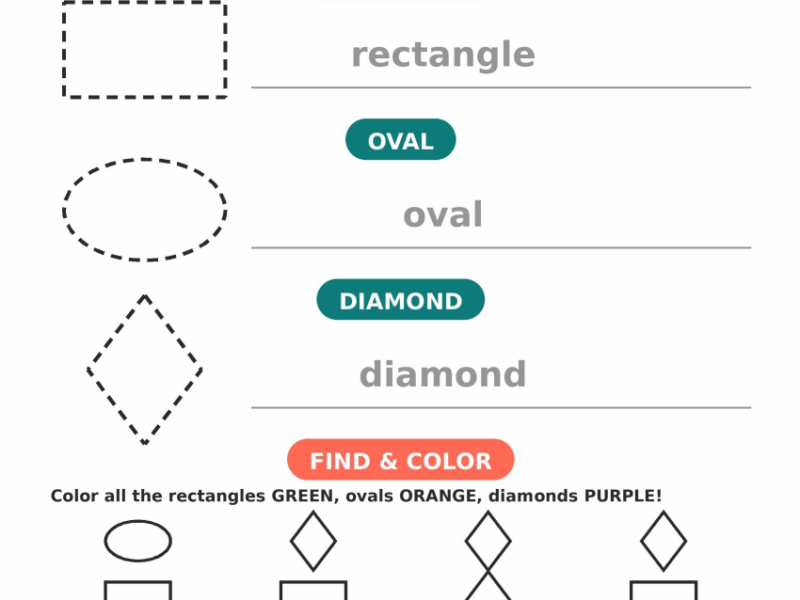 2D Shapes Worksheets — Rectangle, Oval, Diamond