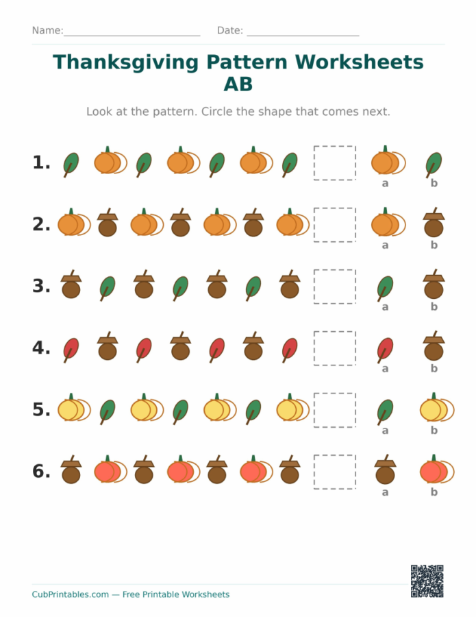 Thanksgiving Pattern Worksheets AB