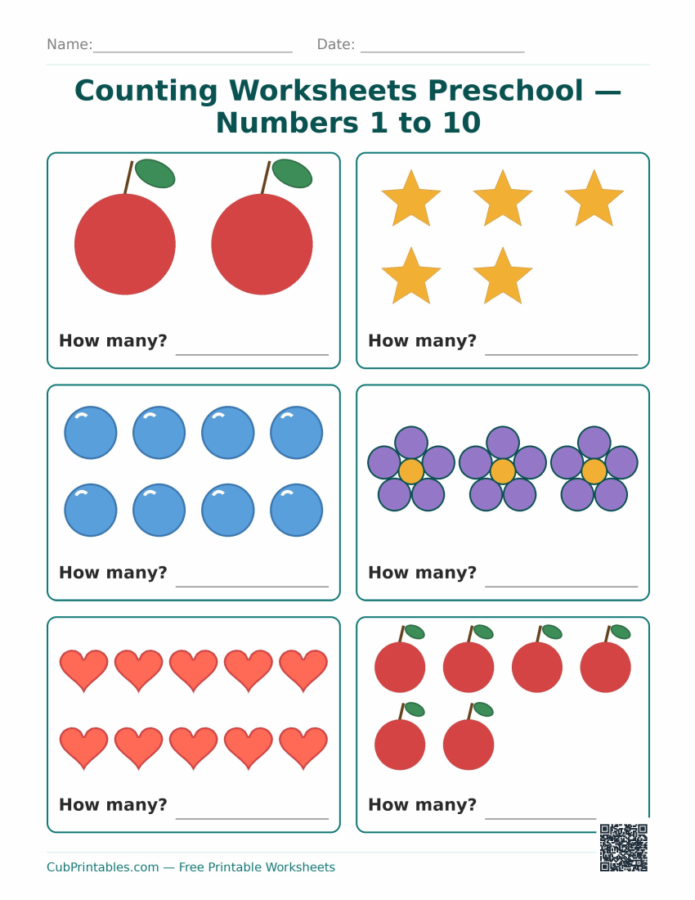 Counting Worksheets Preschool — Numbers 1 to 10