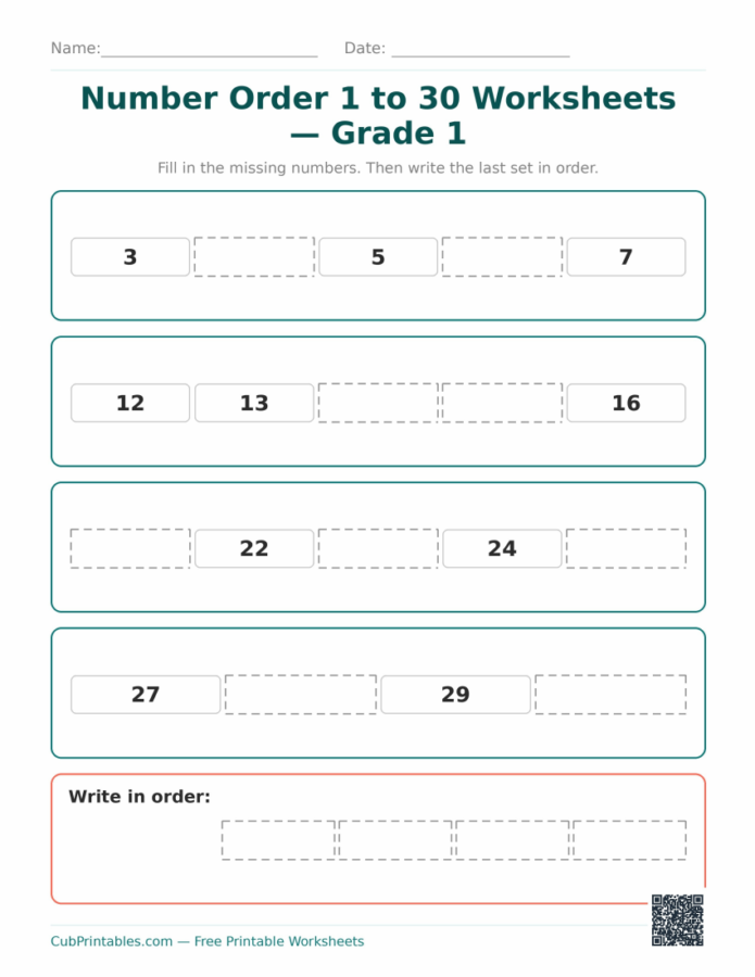 Number Order 1 to 30 Worksheets — Grade 1