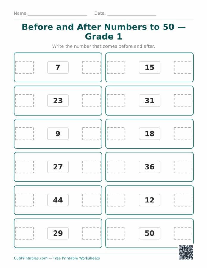 Before and After Numbers to 50 — Grade 1