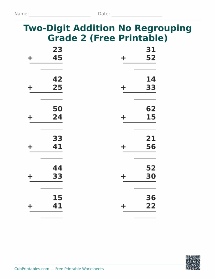 Two-Digit Addition No Regrouping Grade 2