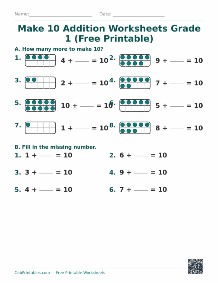 Make 10 Addition Worksheets Grade 1