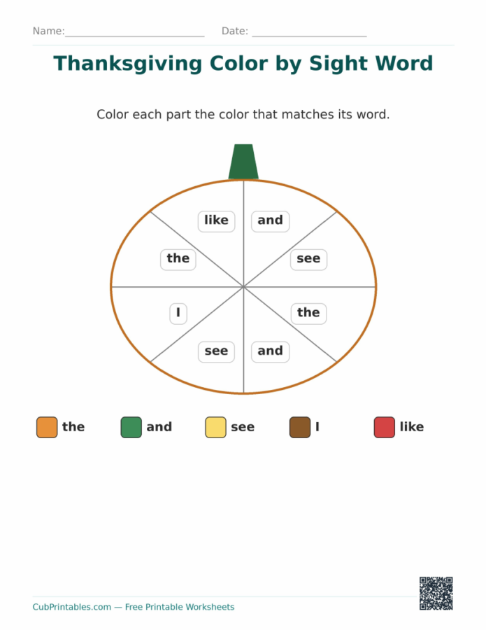 Thanksgiving Color by Sight Word
