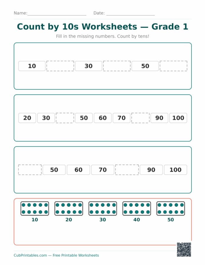 Count by 10s Worksheets — Grade 1