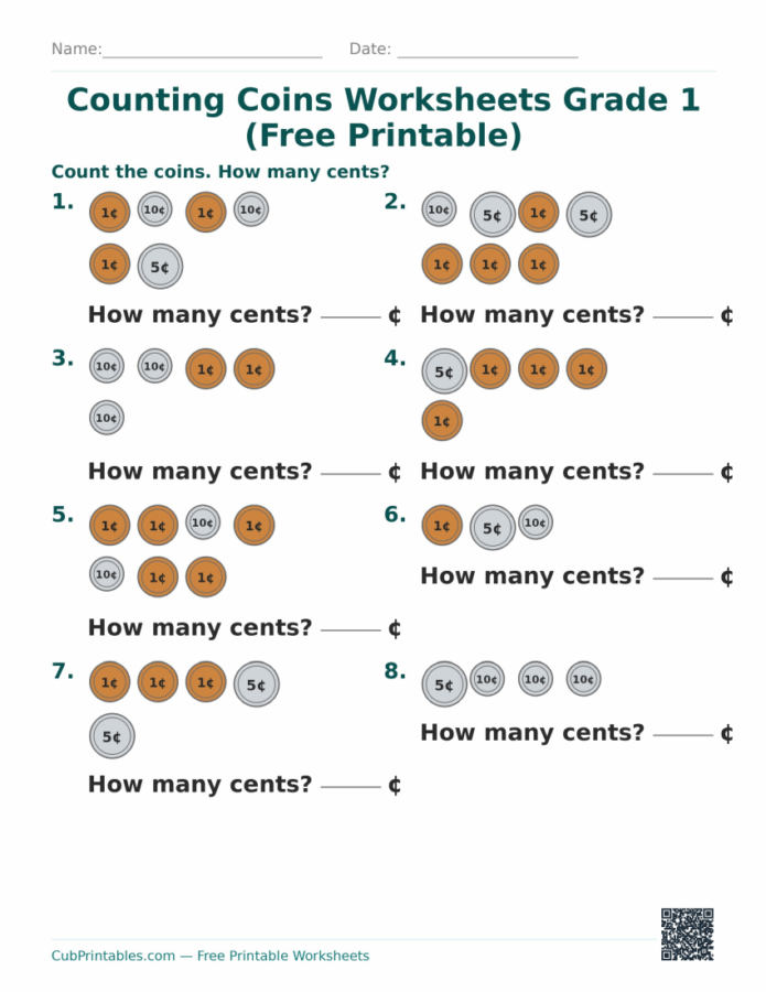 Counting Coins Worksheets Grade 1