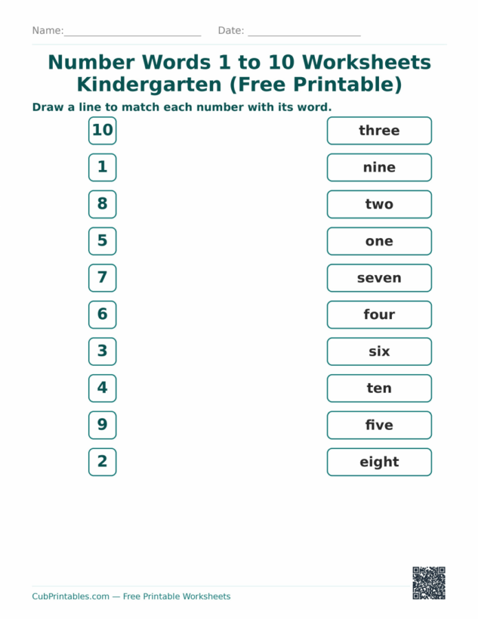 Number Words 1 to 10 Worksheets Kindergarten