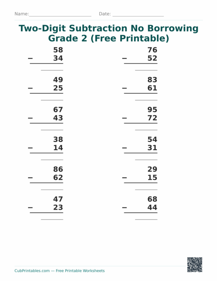 Two-Digit Subtraction No Borrowing Grade 2