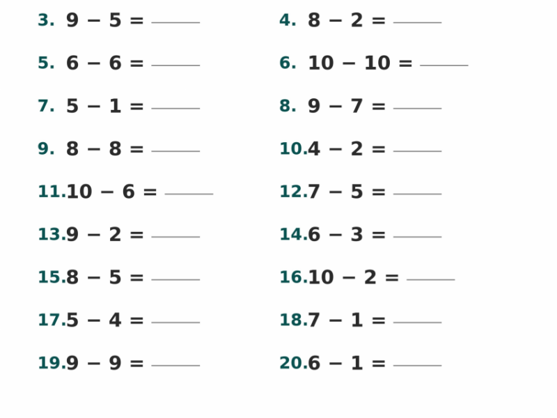 Subtraction Facts to 10 Grade 1