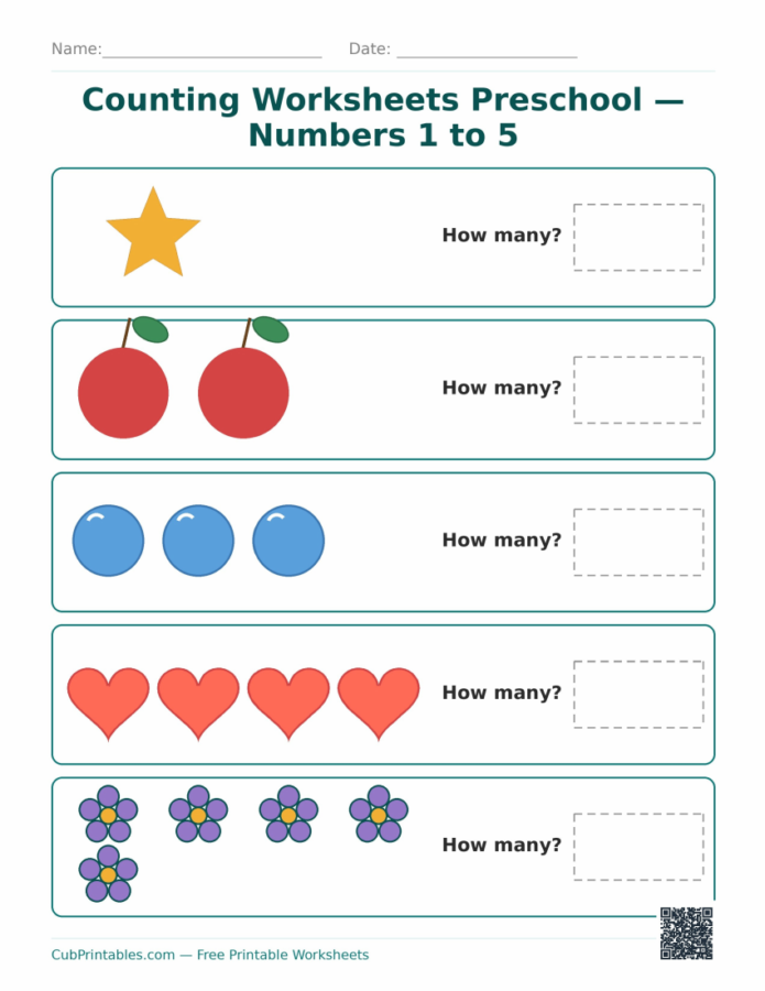 Counting Worksheets Preschool — Numbers 1 to 5