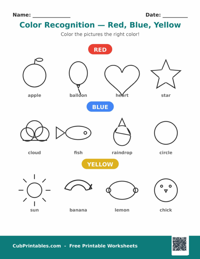 Color Recognition Worksheets — Red, Blue, Yellow