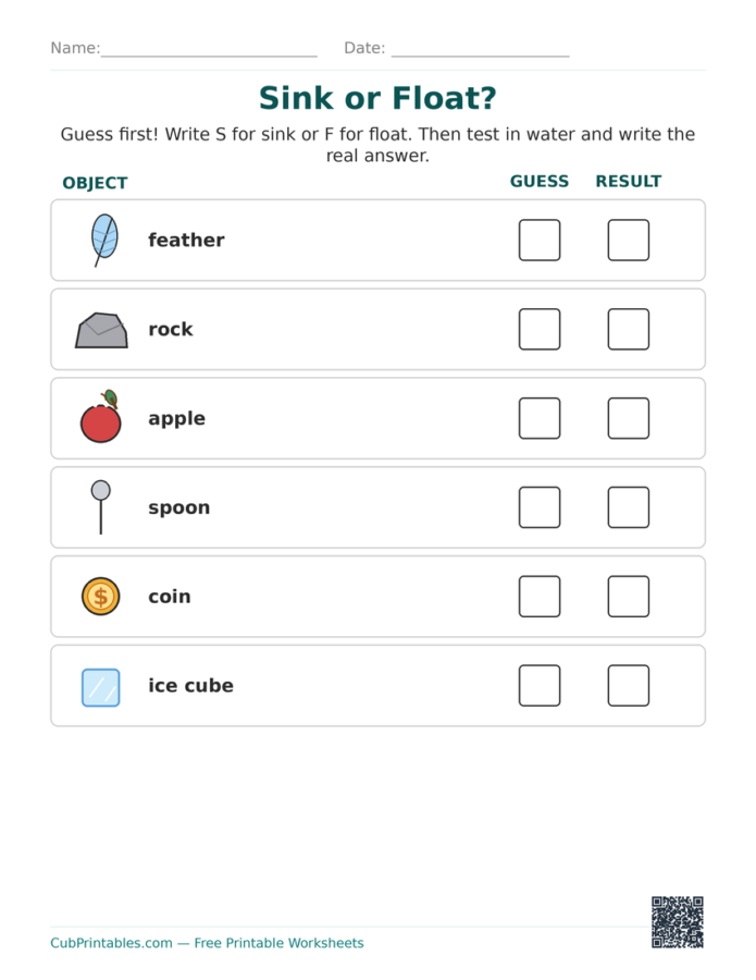 Sink or Float Prediction Worksheets