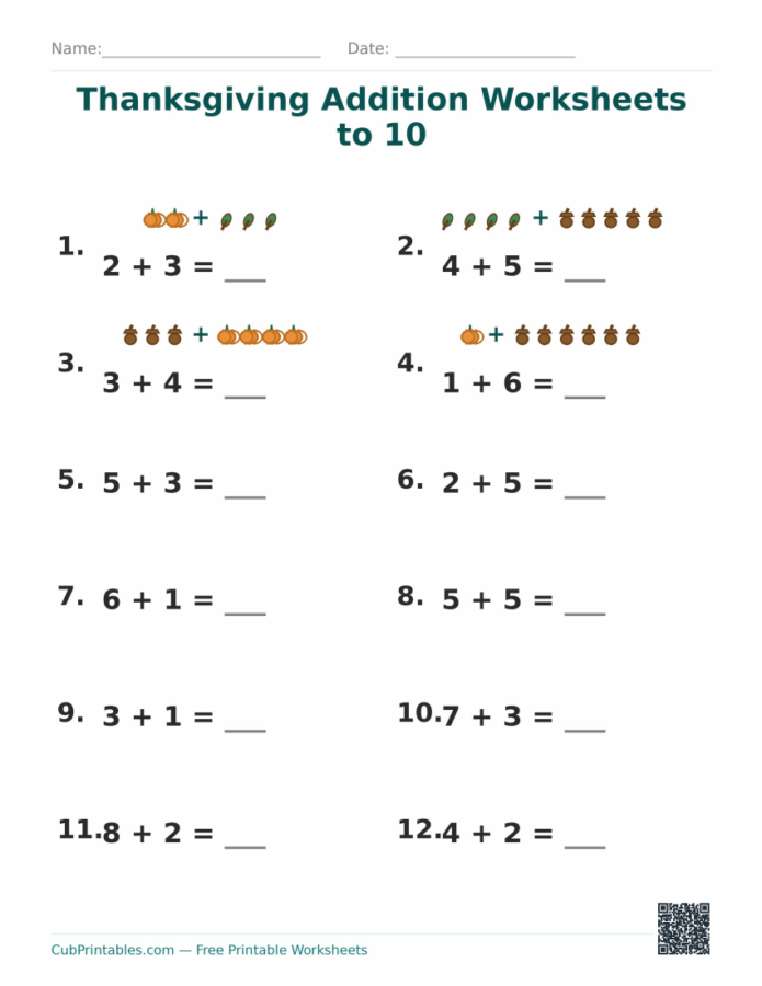 Thanksgiving Addition Worksheets to 10