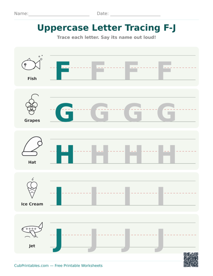Uppercase Letter Tracing F-J