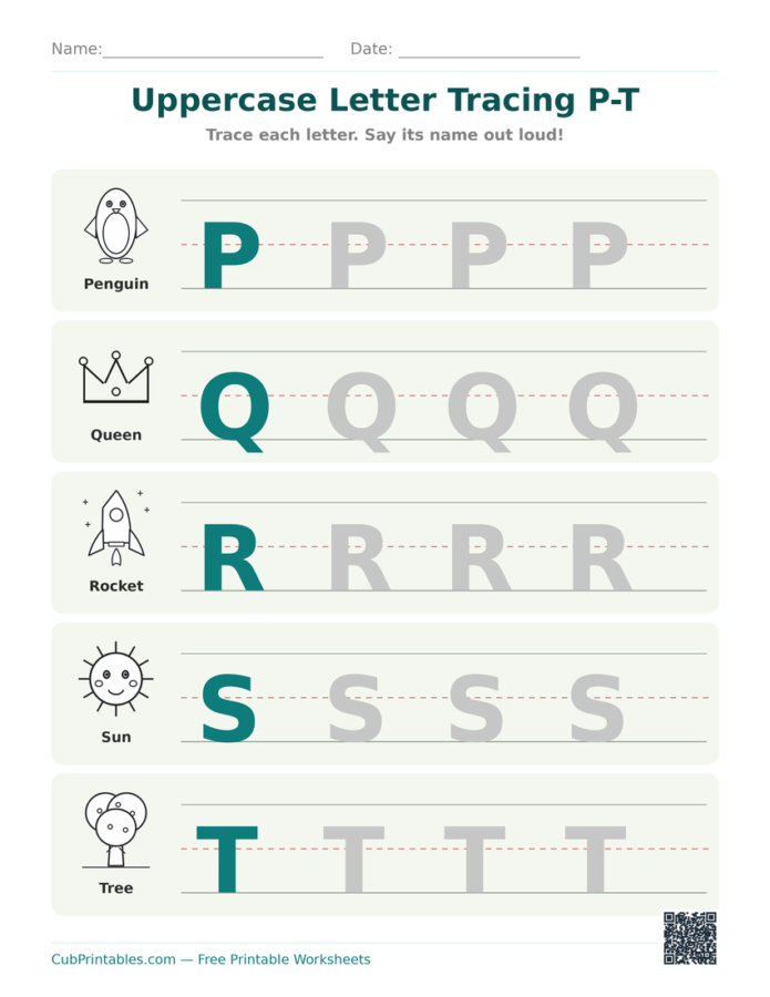 Uppercase Letter Tracing P-T
