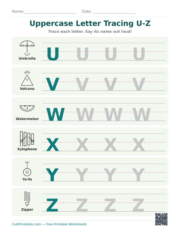 Uppercase Letter Tracing U-Z